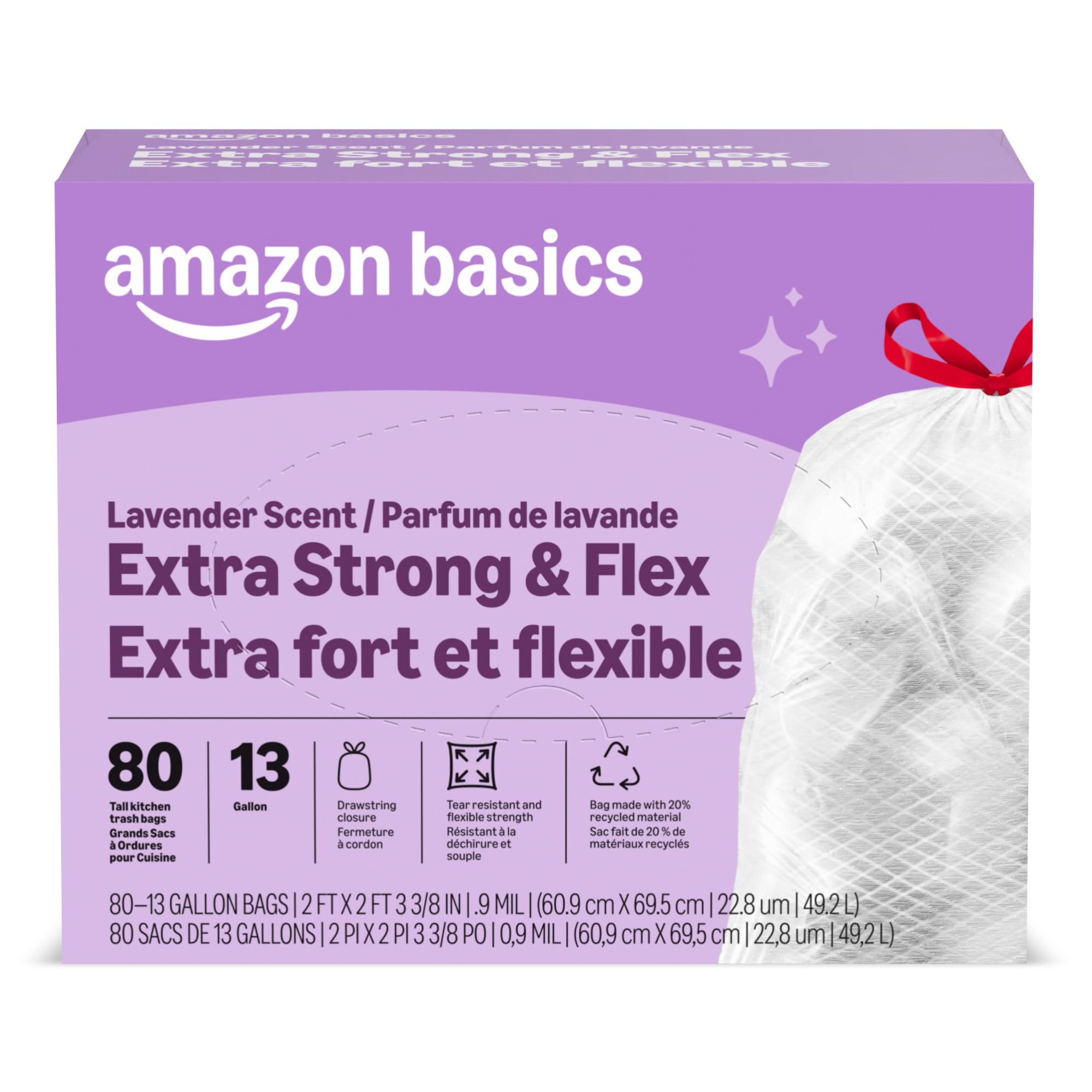 Amazon Basics Ultra-Force Tall Kitchen Drawstring Trash Bags, Lavender Scented, 