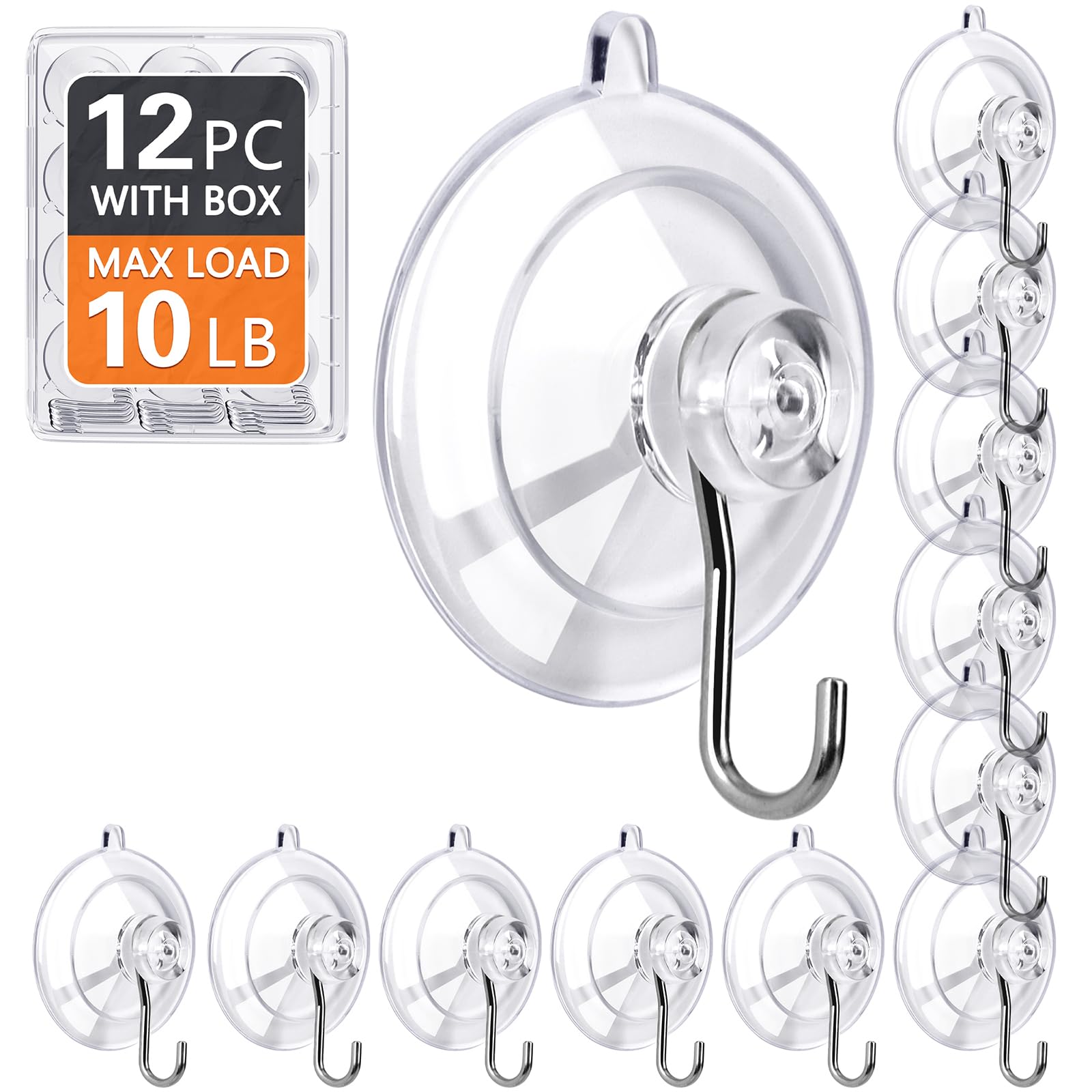 KORCCI Suction Cup Hooks 12Pack - Max Load 10LB, 1.77Inch Clear Medium Suction C