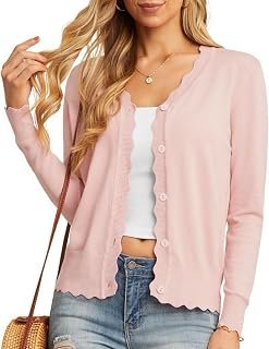 GRECERELLE Women's Cardigans Knit Long Sleeve V Neck Button Down Lightweight Ladies Scalloped Shrugs Jumper Cardigan for Dress Summer Evening Wedding