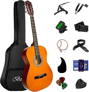 BESYOU 38in Acoustic Guitar Travel Guitar Beginner Introductory Practice Guitar For Teens Students with Soft Case