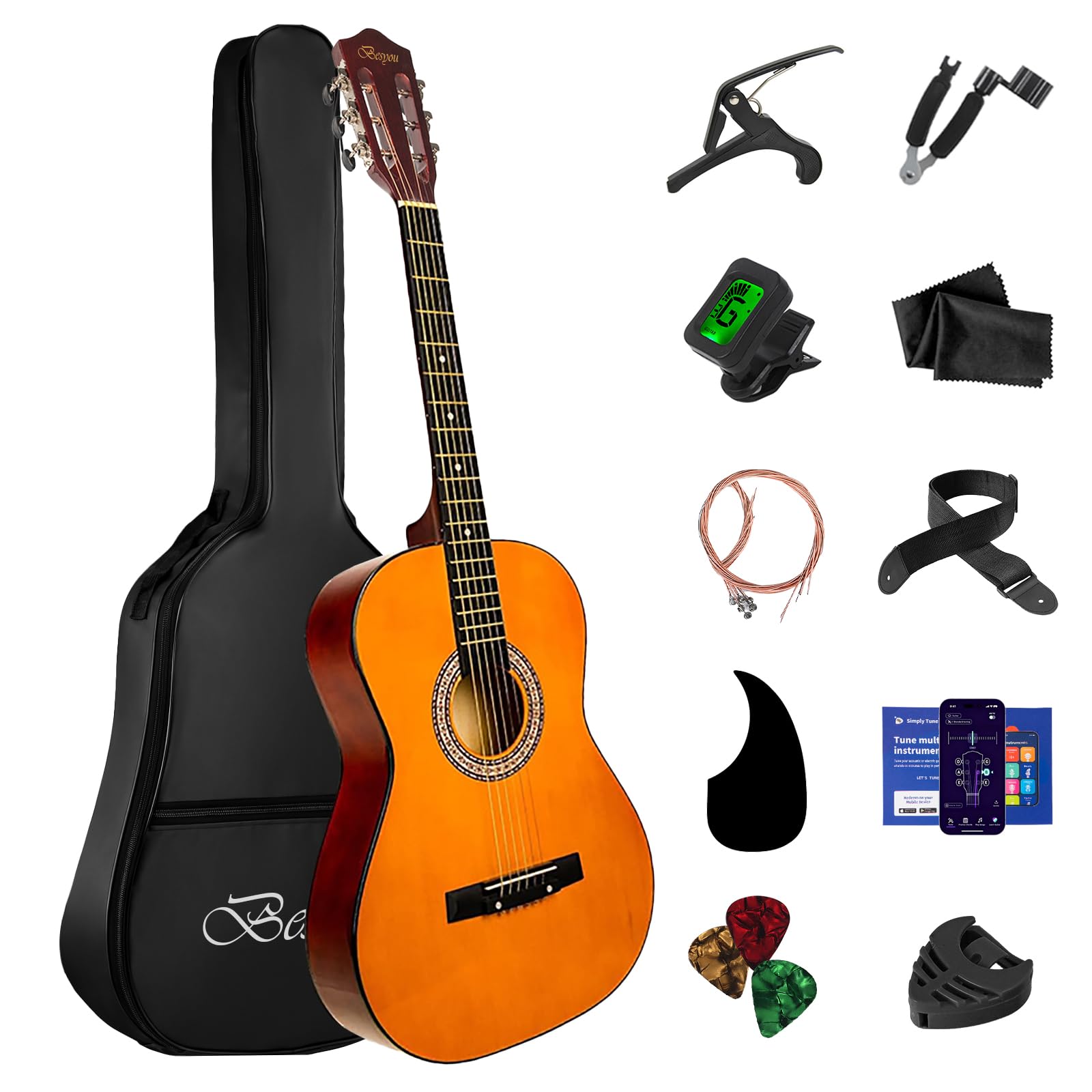 BESYOU 38in Acoustic Guitar Travel Guitar Beginner Introductory Practice Guitar 