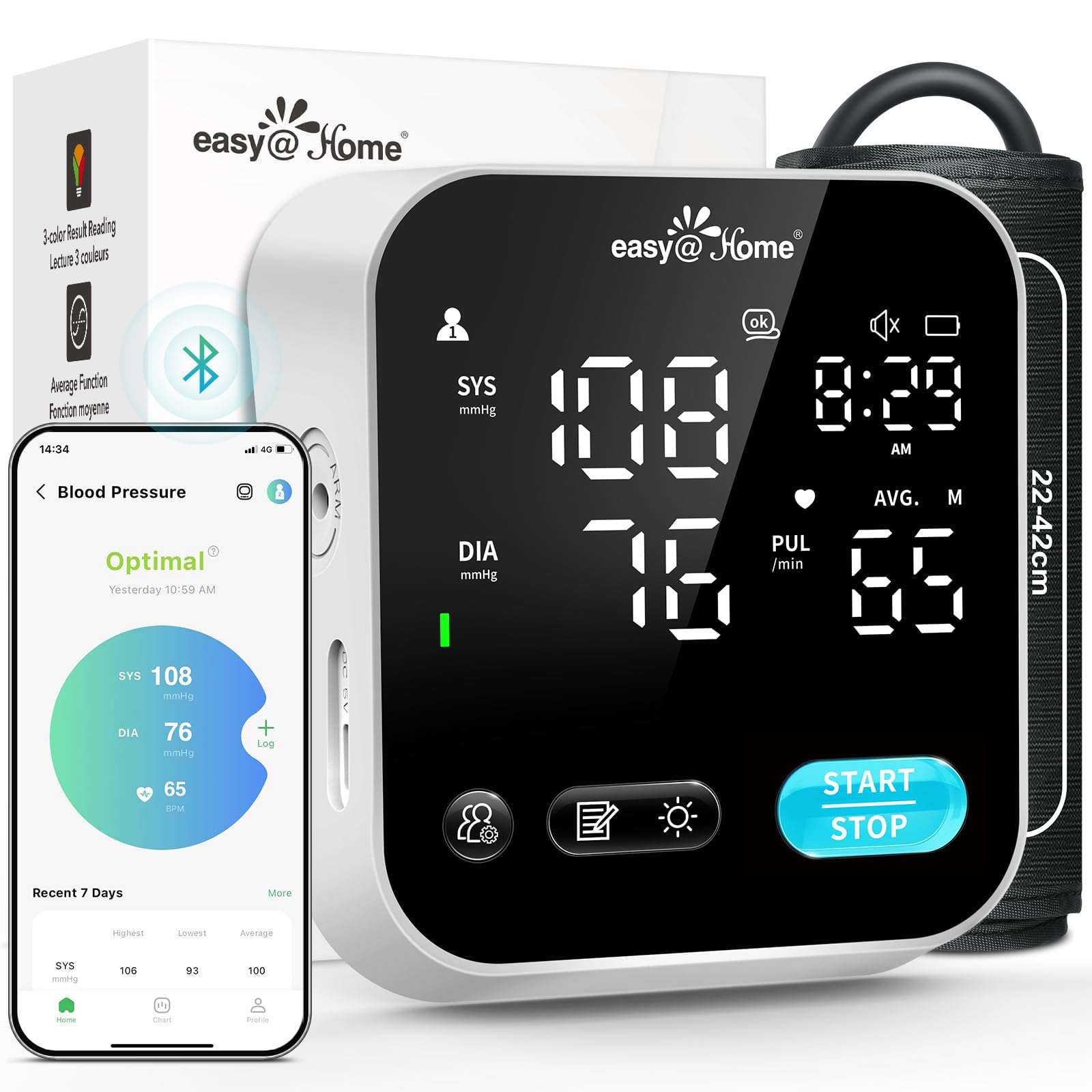 easy@Home Bluetooth Blood Pressure Monitor for Home Use EBP-703T | Free MyHeartP