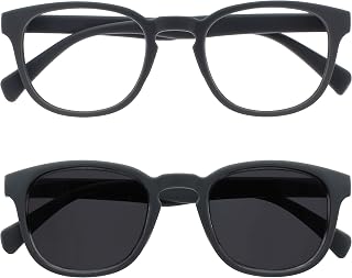 OPULIZE Pop Double Pack Reading Glasses Sunglasses Retro Round Grey Matte Soft Men Women Spring Hinges RS2-7 +1.50