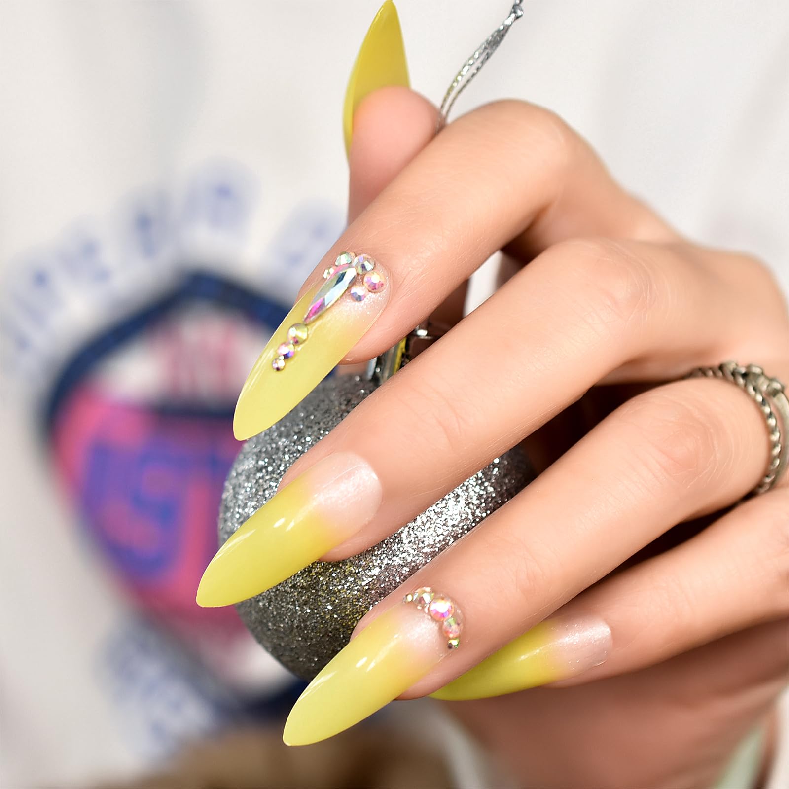 Shiny Nude Yellow French Press On Nail Long Stiletto Acrylic Fake Nail 3D Rhines