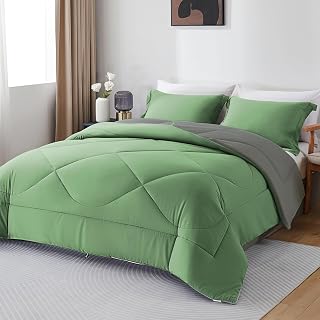 beeweed Coverless Duvet Double 10.5 Tog 200x200cm, Green & Grey, Lightweight Quilt Set with 2 Zipper Pillowcases, Soft Microfiber Cosy Comforter for All Seasons, Machine Washable