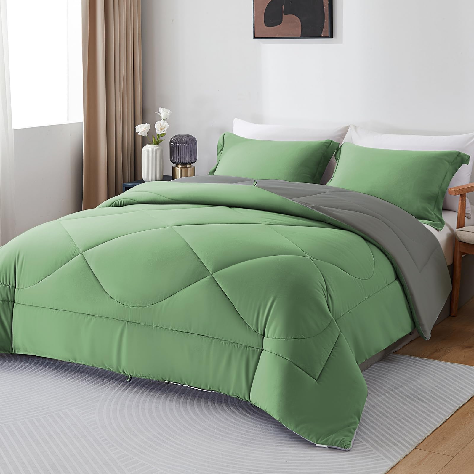 beeweed Coverless Duvet Double 10.5 Tog 200x200cm, Green & Grey, Lightweight Qui