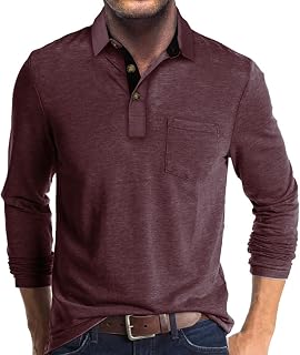 Men's Casual Polo Shirts Classic Button Basic Long Sleeve Shirt Solid Color Cotton Tees Stylish Tops