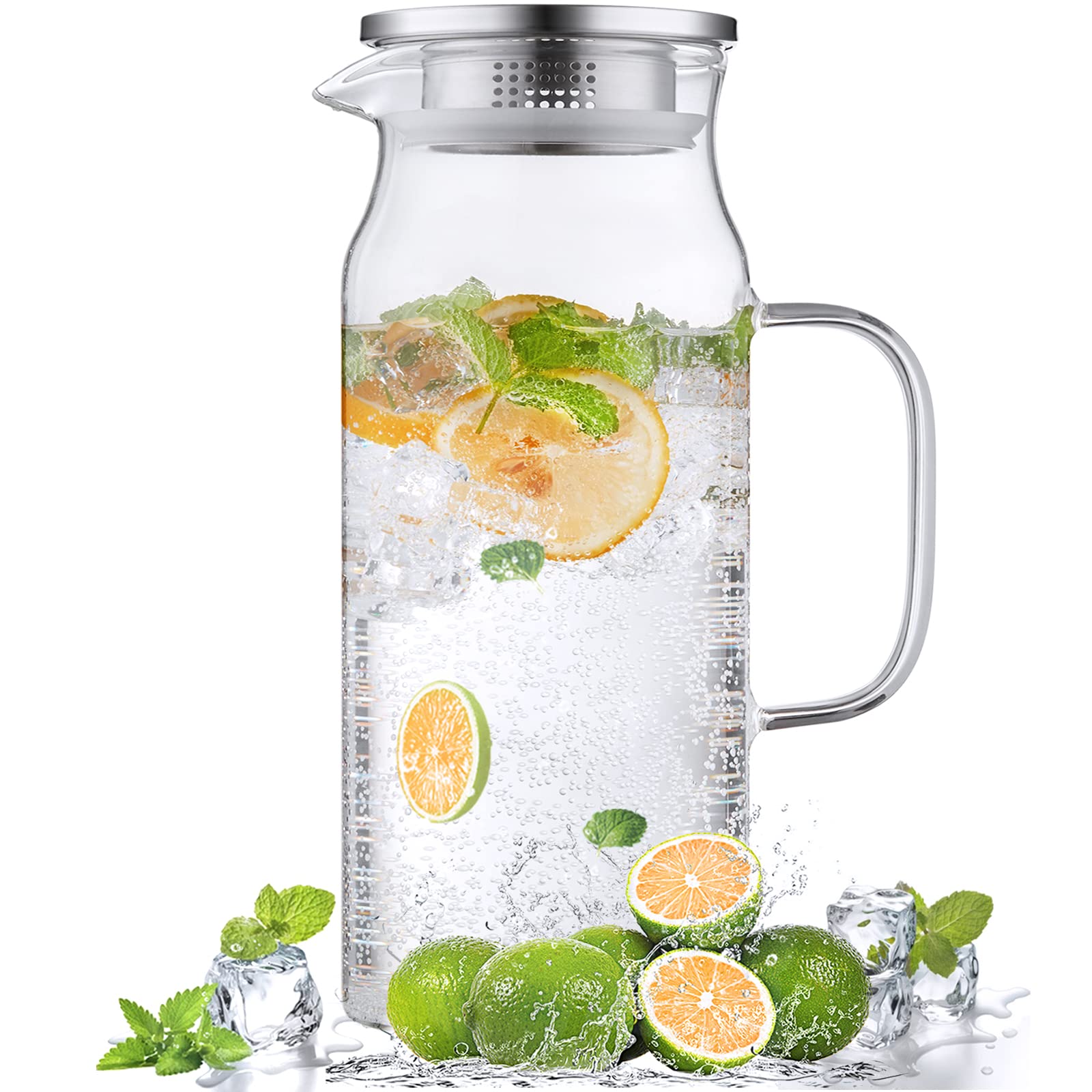 Bivvclaz 2 Liter 68 oz Glass Pitcher with Lid and Handle, Glass Carafe for Hot/C