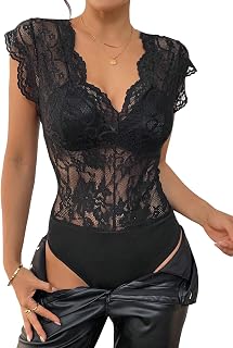 GORGLITTER Women's Elegant Lace Body Blouse Body Cap Sleeve Dirndl Body