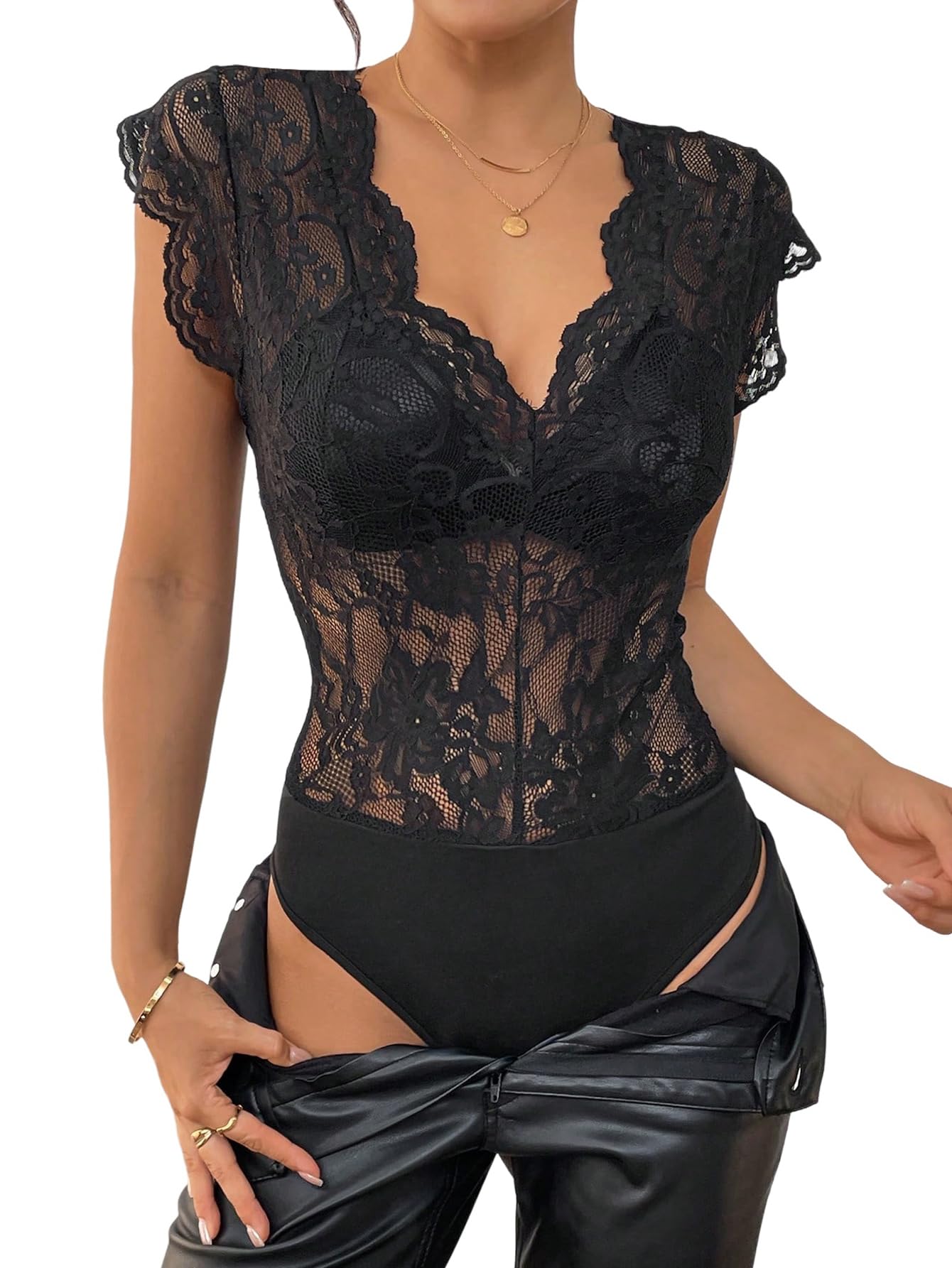 GORGLITTER Women's Elegant Lace Body Blouse Body Cap Sleeve Dirndl Body