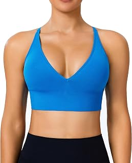 女性用ディープVネックスポーツブラ、調節可能なストラップクリスクロスストラップバック。