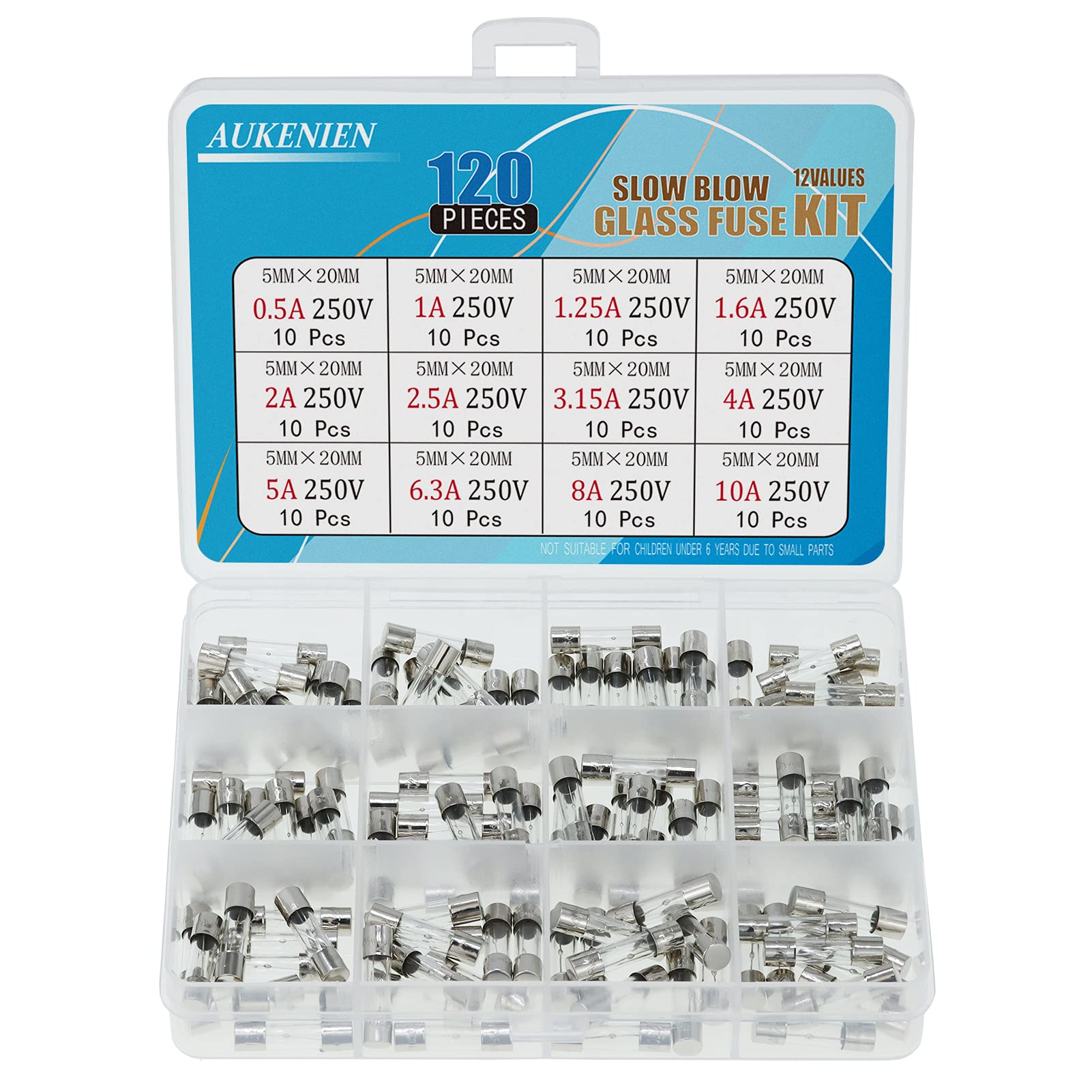 AUKENIEN Slow Blow Glass Fuse Assortment Kit 250V T 0.5 1 1.25 1.6 2 2.5 3.15 4 