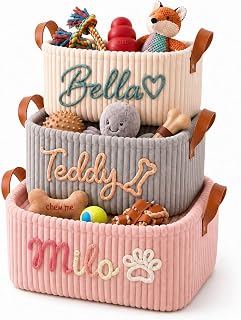 Kinlea Personalized Dog Toy Basket with Name, Custom Pet Toy Storage Basket for Dogs and Cats, Handmade Puppy Toy Bin for Toys, Leashes, Treats, Blankets, New Puppy Gift