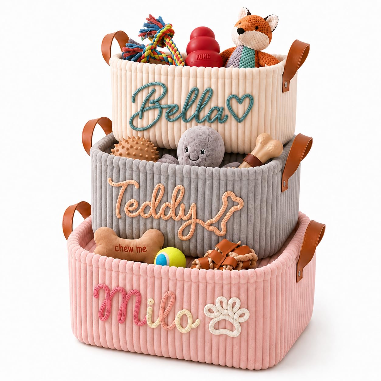 Kinlea Personalized Dog Toy Basket with Name, Custom Pet Toy Storage Basket for 