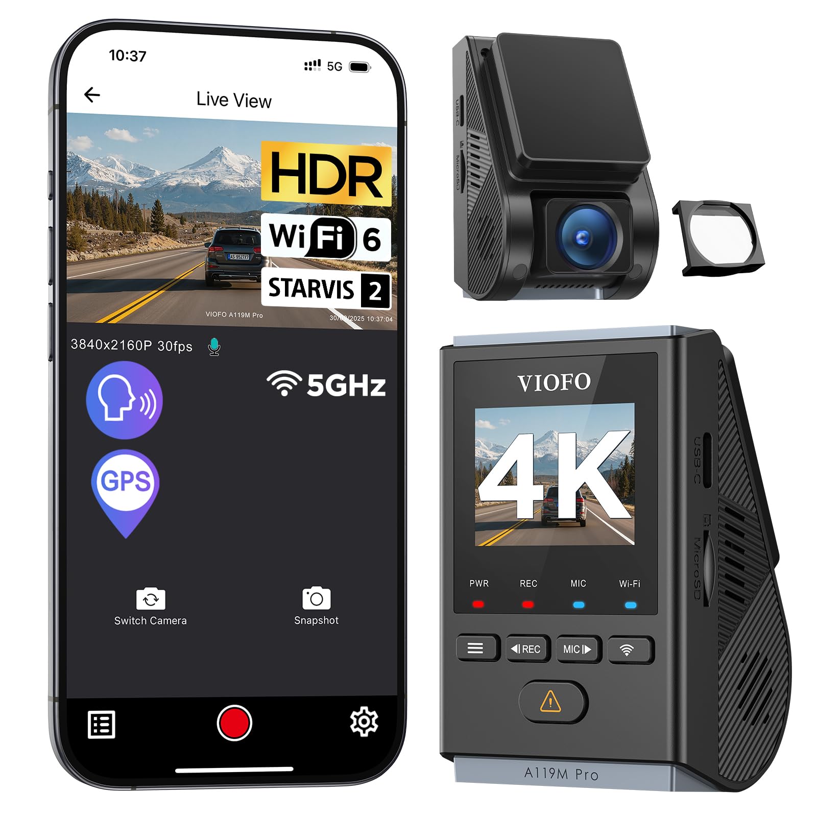 VIOFO A119M Pro 4K HDR Mini Dash Cam, STARVIS 2 IMX678 Sensor, Wi-Fi 6, GPS | Tr