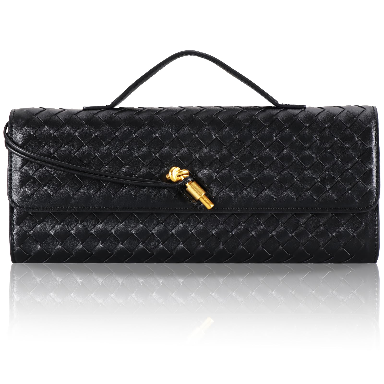 EGCUQ Pu Leather Woven Bag Purse,Black Clutch, Woven Evening Bag For Women 11.8"