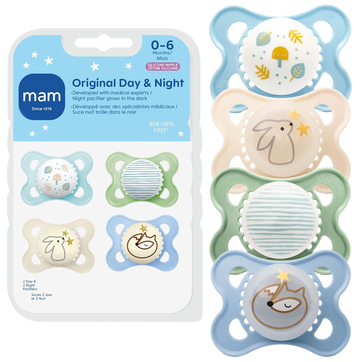 MAM Original Baby Pacifiers 0-6 Months, Glows In The Dark, 4 Pack | or Newborn B