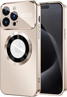 MAKAVO Magnetic for iPhone 15 Pro Max Case, Compatible with MagSafe, Built-in Camera Lens Protector, Logo View, Military Grade Drop Proof Phone Cover, Desert Titanium