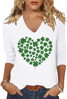 Woffccrd T-shirt da donna con maniche a 3/4 e scollo a V, per San Valentino, primaverile, con stampa a cuore