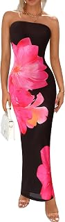 PRETTYGARDEN Women Summer Maxi Dress Strapless Bodycon Floral Sexy Long Dress Wedding Dress Formal Mesh Cocktail Dress