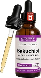 Bakuchiol Oil + Sea Buckthorn Face Oil, Organic Babchi, Vegan Cold Pressed Botanical Facial Serum for Glowing Skin, Rosehip, Infused Frankincense Resin, Argan, Psoralea Corylifolia, Base for Gua Sha/Dermaplaning, 30 ml, Made in Canada (Authentic Body And Soul)