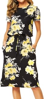 Simier Fariry Womens Summer Hide Belly Knee Length Travel Dress Pocket Short Sleeve Midi Work Casual Outfits