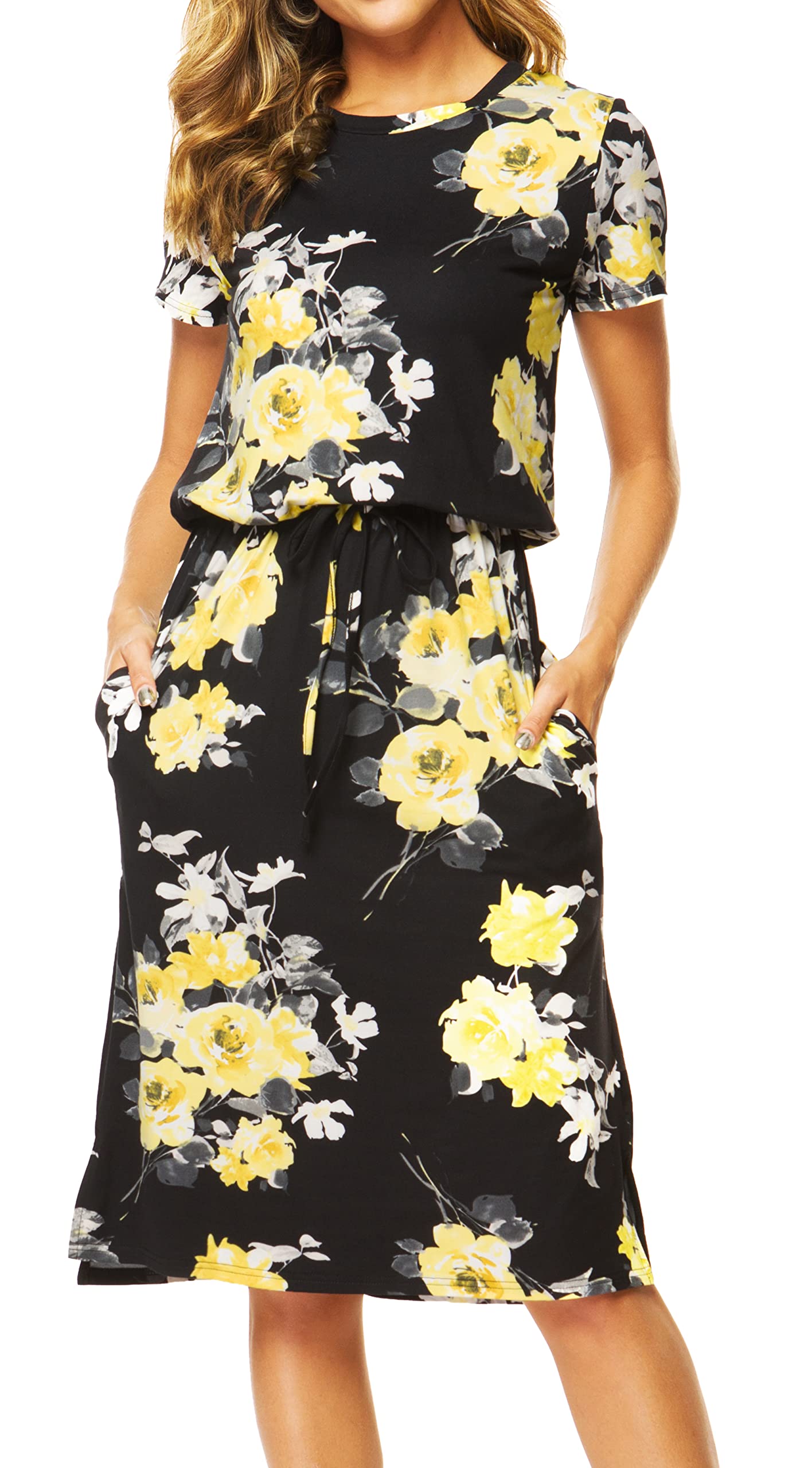 Simier Fariry Womens Summer Hide Belly Knee Length Travel Dress Pocket Short Sle