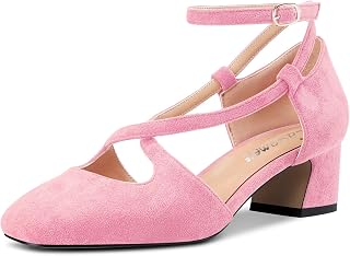 Castamere Women's Mid Block Chunky Heel Square Toe Cross Straps Pumps Party Cute Shoes