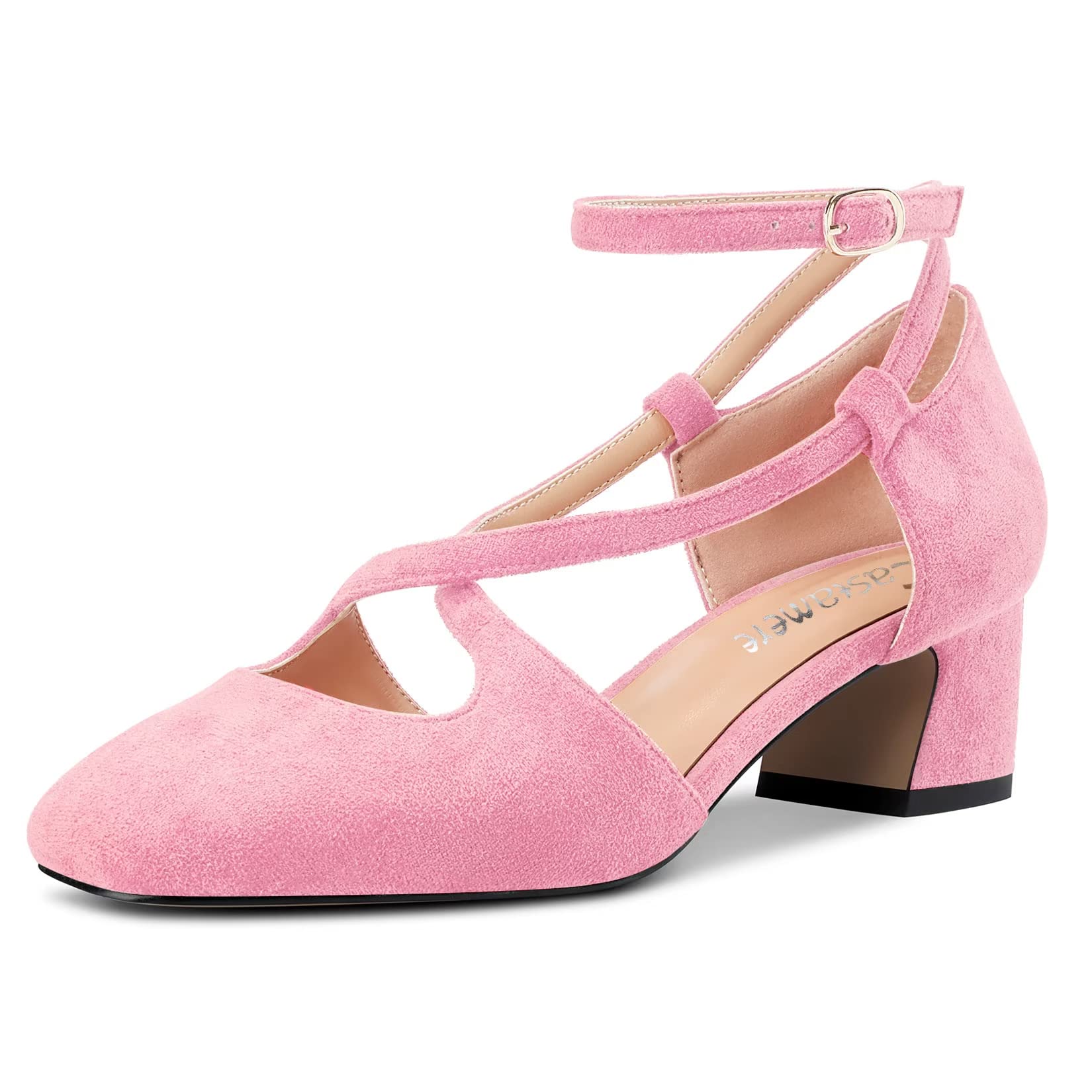 Castamere Women's Mid Block Chunky Heel Square Toe Cross Straps Pumps Party Cute