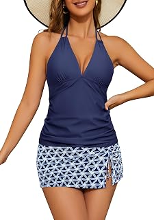 SHEKINI Women Tankini Swimsuit Abdominal Control Top Skirt 2 Piece Swimsuit