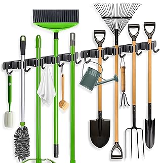 ZONGOOL 2 Pack Mop Broom Holder Wall Mount 4 Racks 5 Hooks Storage Black | 304 Rustproof Stainless Steel Broom Hanger, Non-Slip Wall Mount Organizer, Space Saving For Kitchen, Laundry, Garden