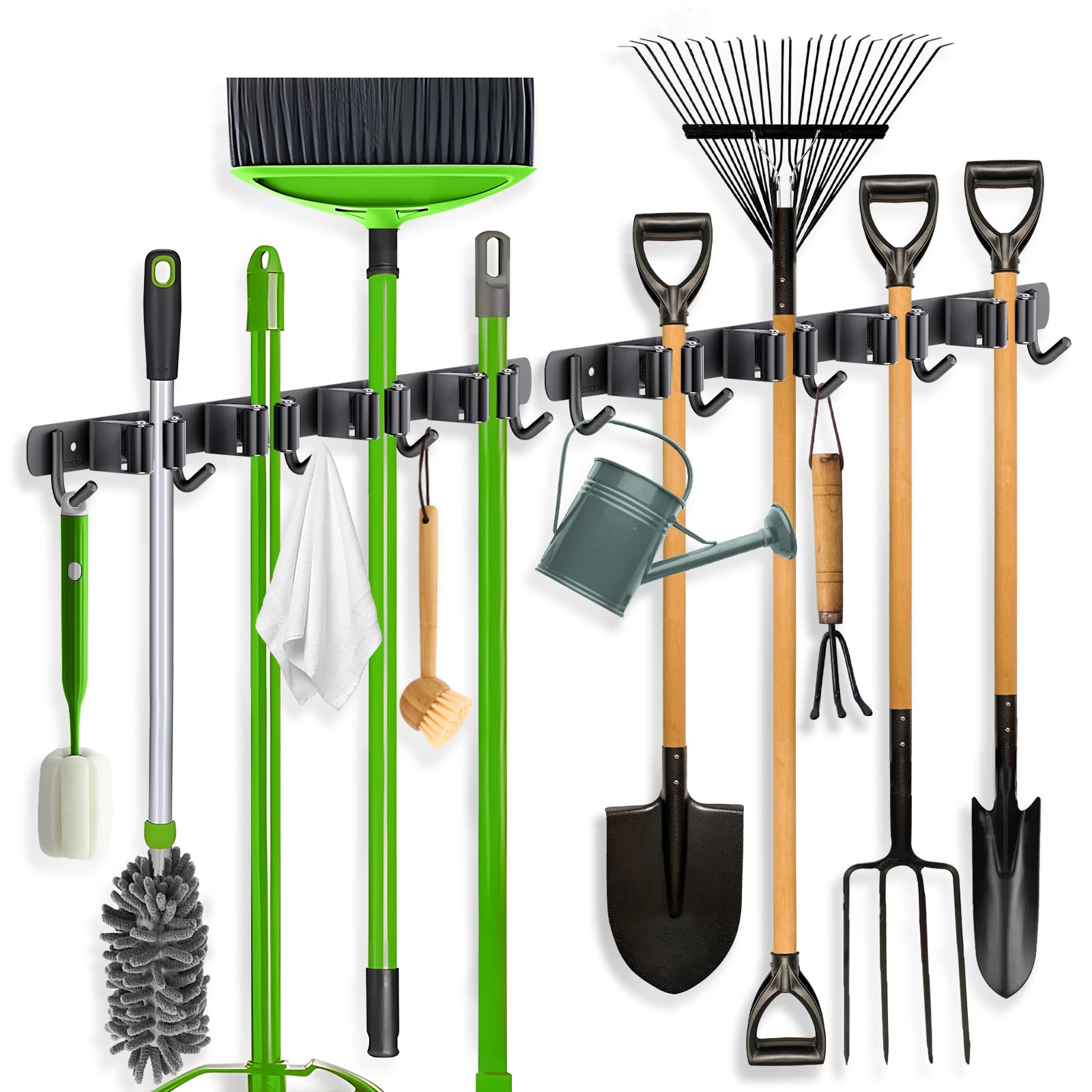 ZONGOOL 2 Pack Mop Broom Holder Wall Mount 4 Racks 5 Hooks Storage Black | 304 R