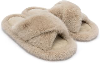 Chantomoo Women's Slippers Cross Band Fuzzy Memory Foam Slippers for Women Plush Comfy Faux Fur Slipper Slides House Shoes Anti-Skid Sole Gift Slippers