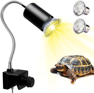 PewinGo Reptile Heat Lamp, UVA UVB Light with 2 * 50w Basking Bulb and 360° Swivel Clamp Stand for Tortoise, Snake, Frog, Lizard. Yellow Light