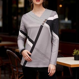 Women's Casual Long Sleeve Tops V Neck Button Collar Asymmetric Print Fall Winter Blouse Tops