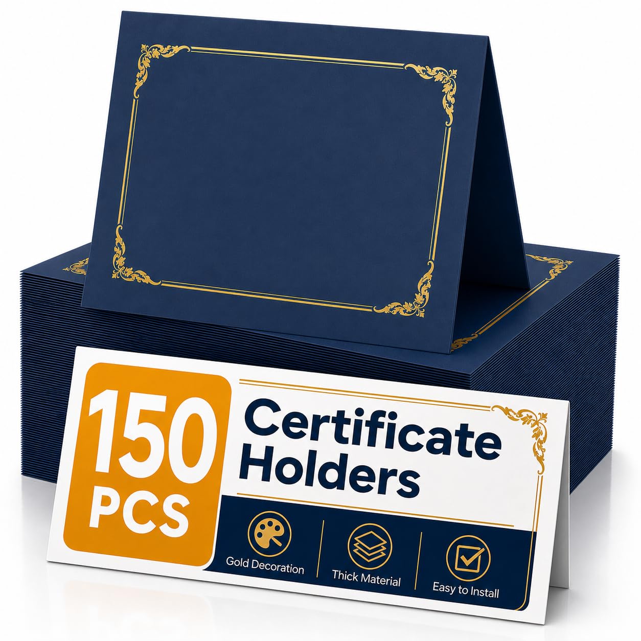 150 Packs Certificate Covers, 250gsm Navy Blue Diploma Holders with Gold Foil Bo