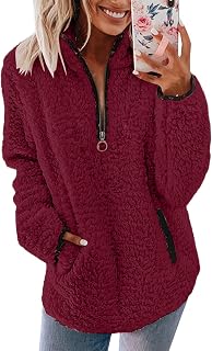 Womens Fleece Jumper 1/4 Zip Up Teddy Fluffy Pullover Sweatshirt Ladies Casual Sweater Cozy Coat Tops Fall Winter Stand Collar Fleece Jacket with Pockets