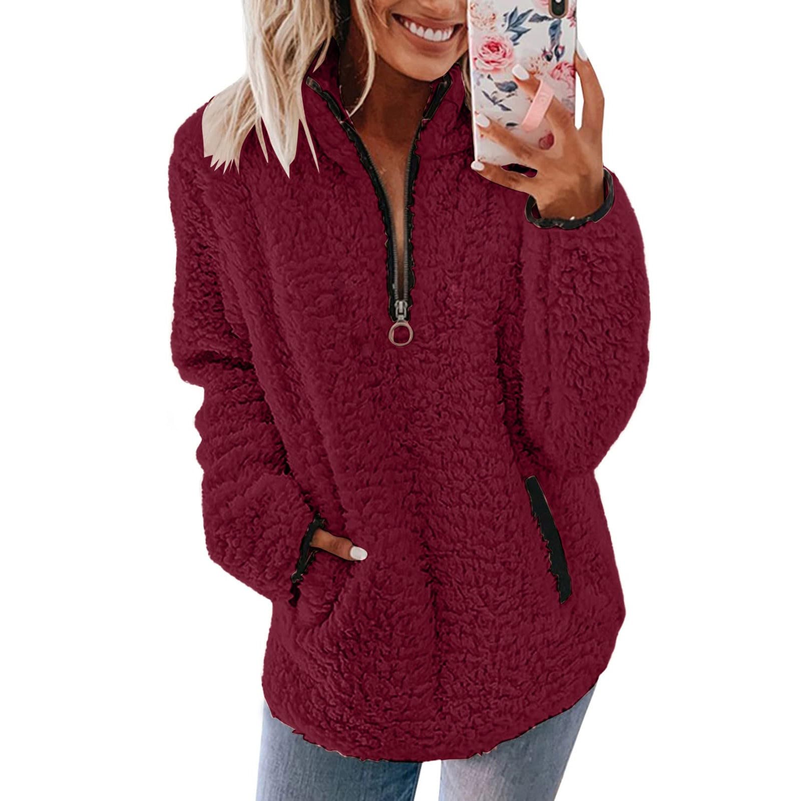 Womens Fleece Jumper 1/4 Zip Up Teddy Fluffy Pullover Sweatshirt Ladies Casual S