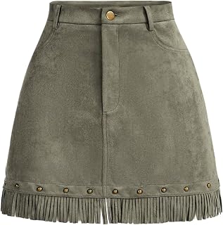 WDIRARA Womens Faux Suede Tassel Skirts High Waisted A-Line Mini Short Skirts