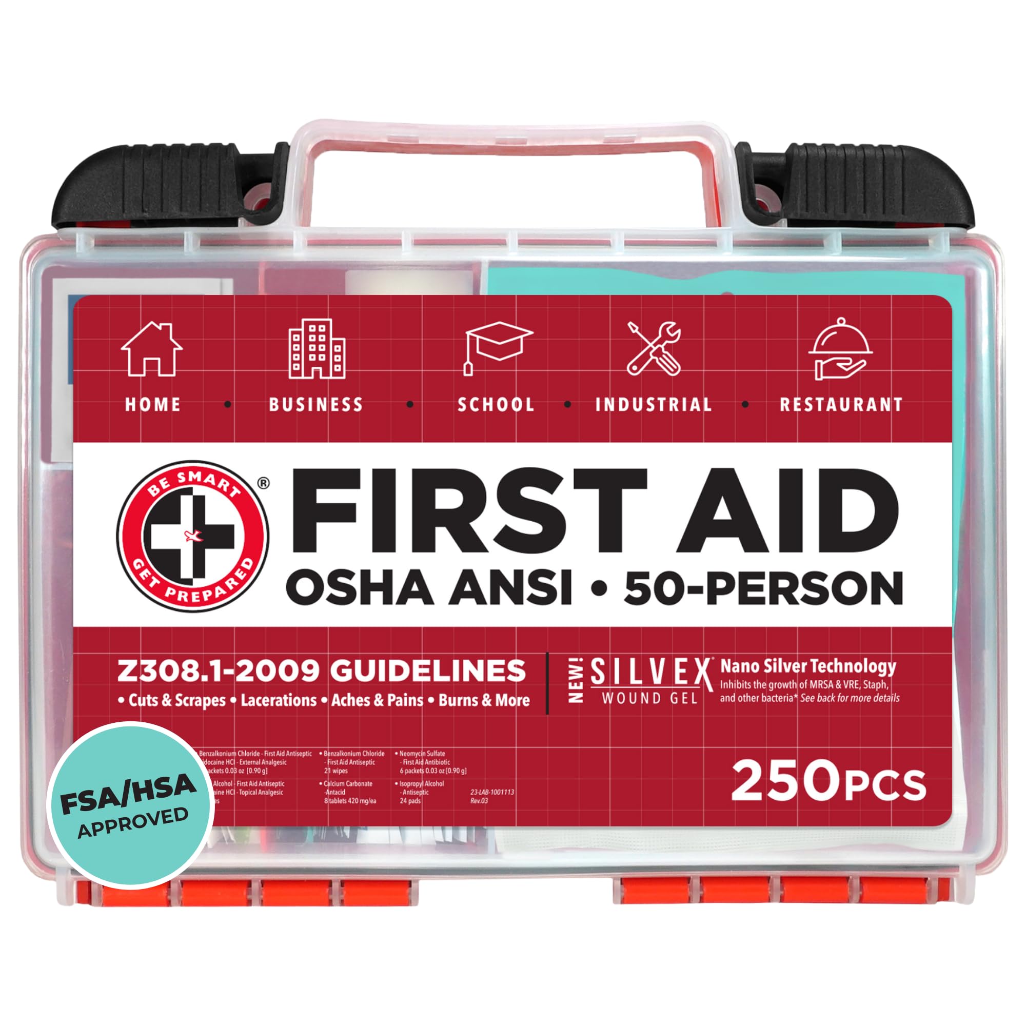 Be Smart Get Prepared OSHA/ANSI First Aid Kit - 50 Person, 250 Pieces - Designed