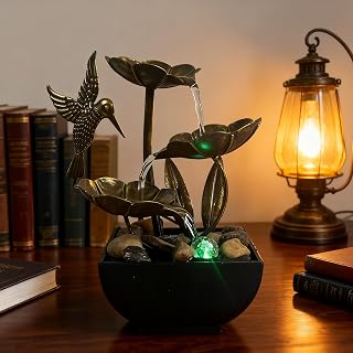 AOZITA Tabletop Fountain, Indoor Zen Waterfall Fountains,Relaxation Soothing Sound Machine for Office, Living Room, or Bedroom, Bronze Metal Lotus with Hummingbird, River Rocks, LED