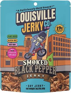 Louisville Jerky Co. Smoked Black Pepper Vegan Jerky, 3 oz, 1-Pack | 5g Protein, Plant-Based Protein Snack, Vegetarian Jerky, Meatless, Savory, Ready-to-Eat, Vegan Beef Alternative, Travel Ready