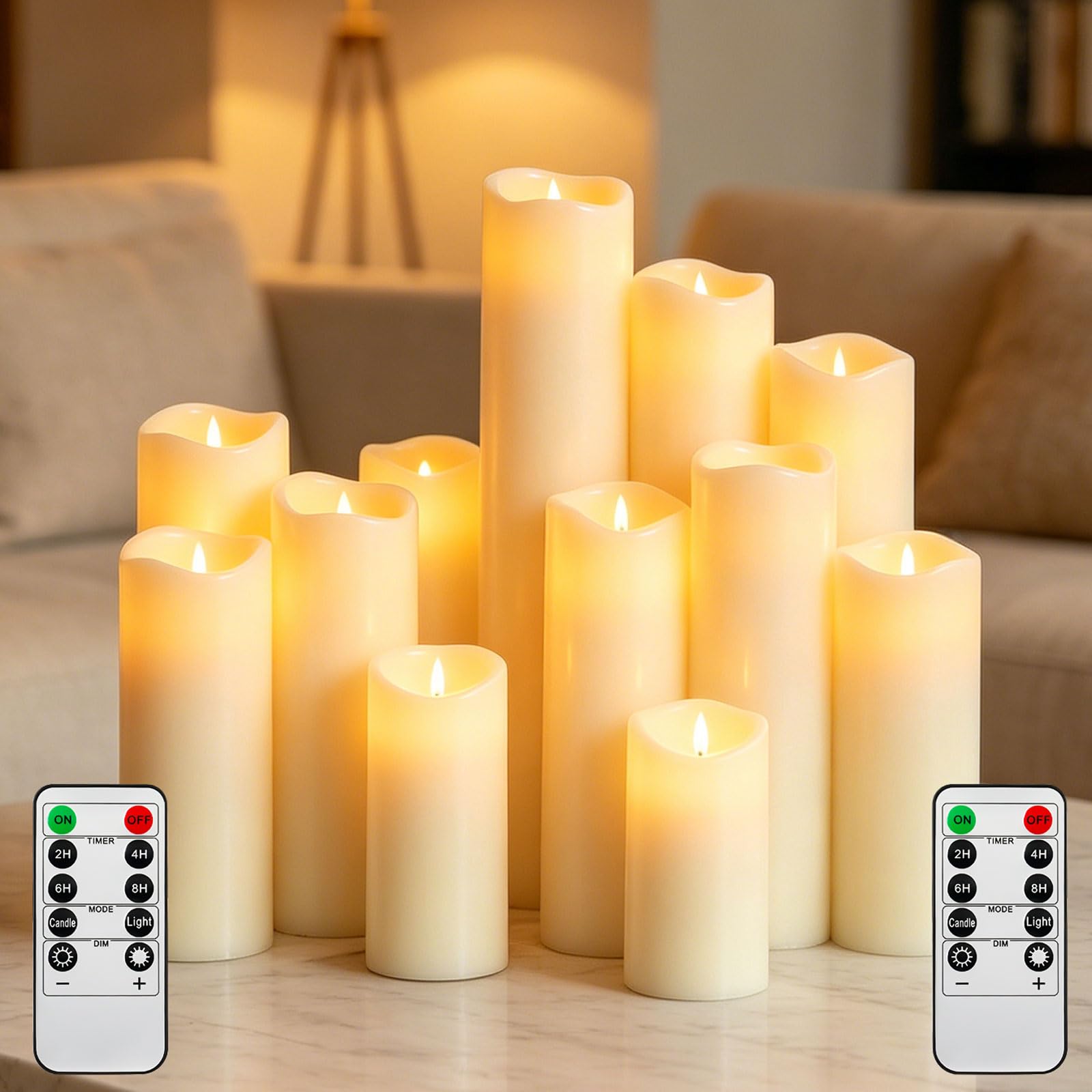 12 Pack Ivory Real Wax Flameless Candles, 3.5/4/5/6/7/8 Inch Gradient LED Taper 