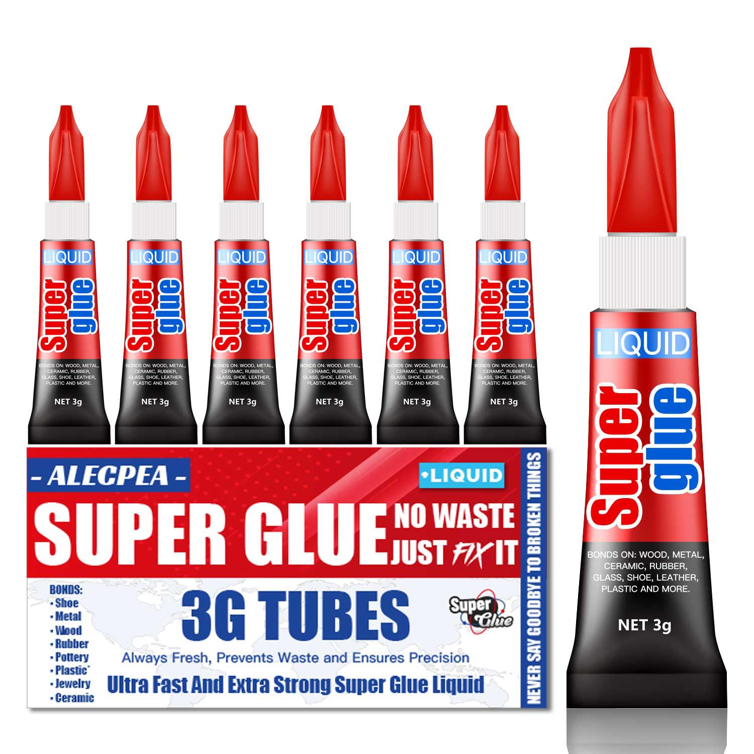 3g (6 Pack), Super Glue Liquid, All Purpose, Fast Setting, Ideal for Metal, Cera