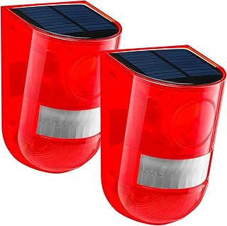2 Solar Sound and Light Alarm Motion Sensor, Wall Mounted Outdoor & Farm Motion Red Sensor Alarm,129db Outdoor Security Siren Waterproof Activated Detector 4 Modes of Motion Sensor for Home