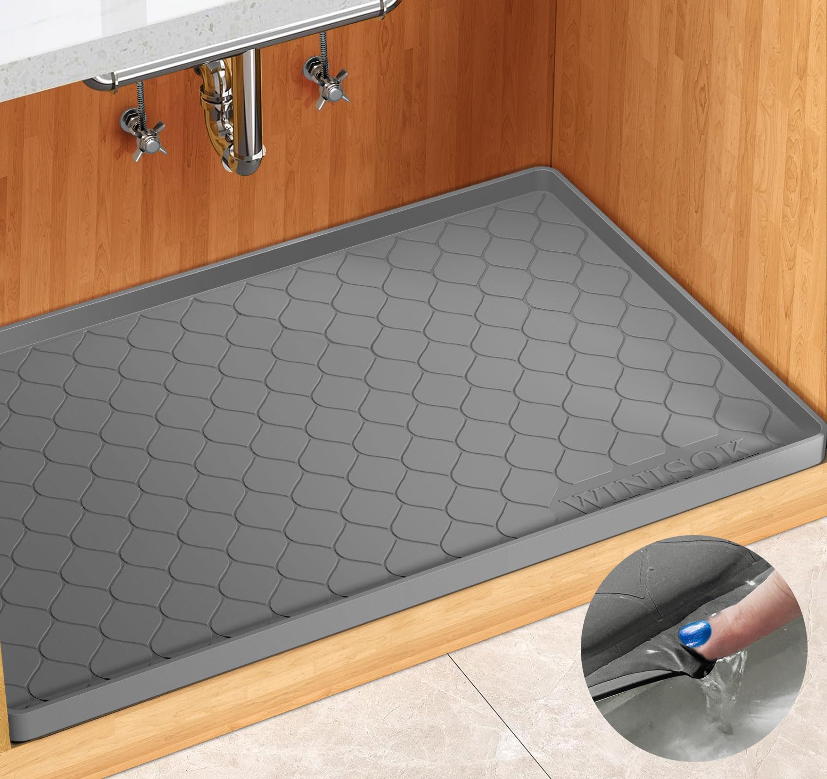 Winisok Waterproof Under Sink Mat 34" x 22", Silicone Mat, Dark Gray | Raised Ed