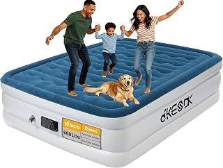 dkesdk 16 Inch Queen Air Mattress with Built-in Pump Inflates in 3 Minutes | Comfortable Waterproof Flocked Surface Blow up mattresses for Temporary Family Stays and Travel-MAX load capacity 660IB