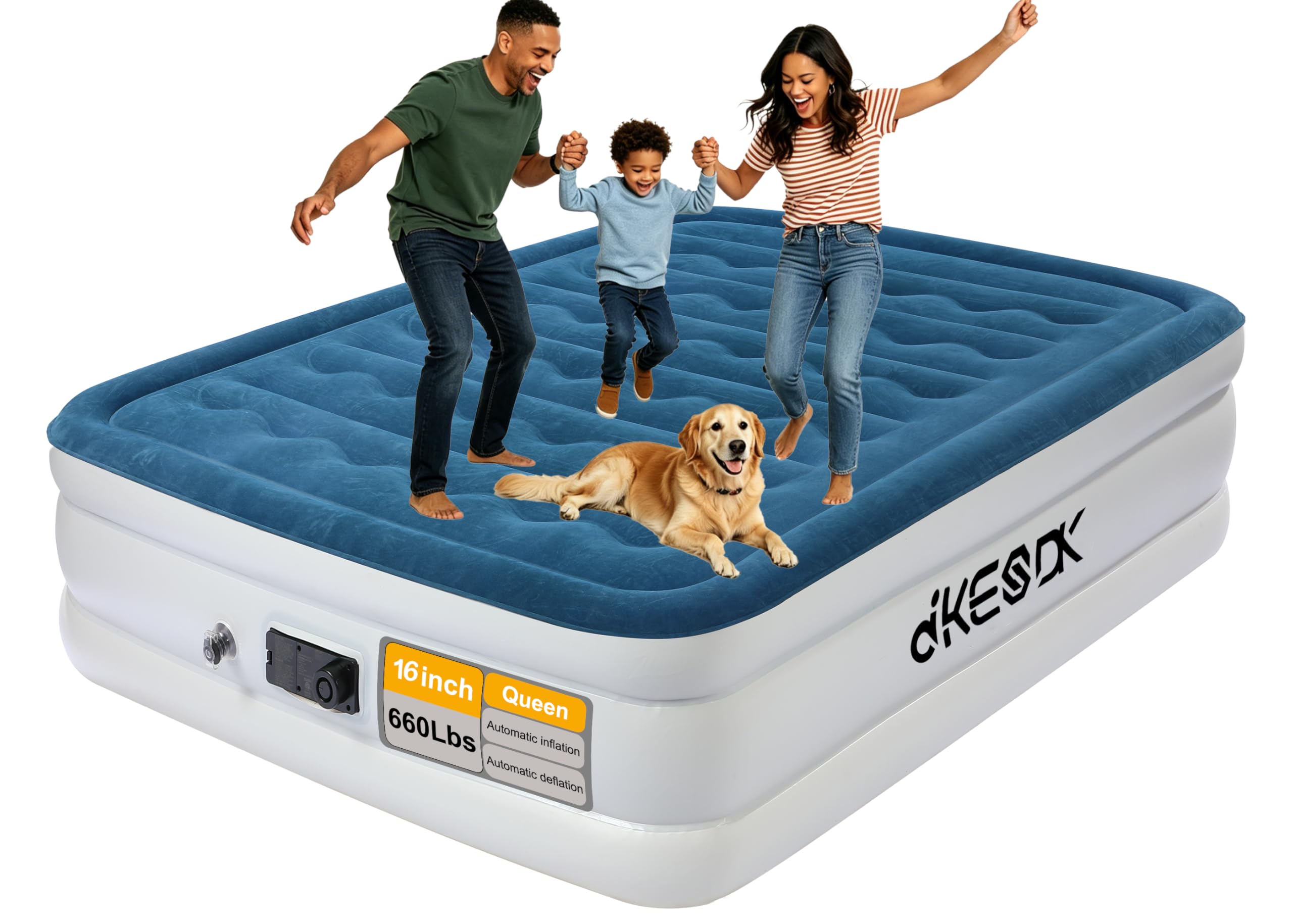dkesdk 16 Inch Queen Air Mattress with Built-in Pump Inflates in 3 Minutes | Com