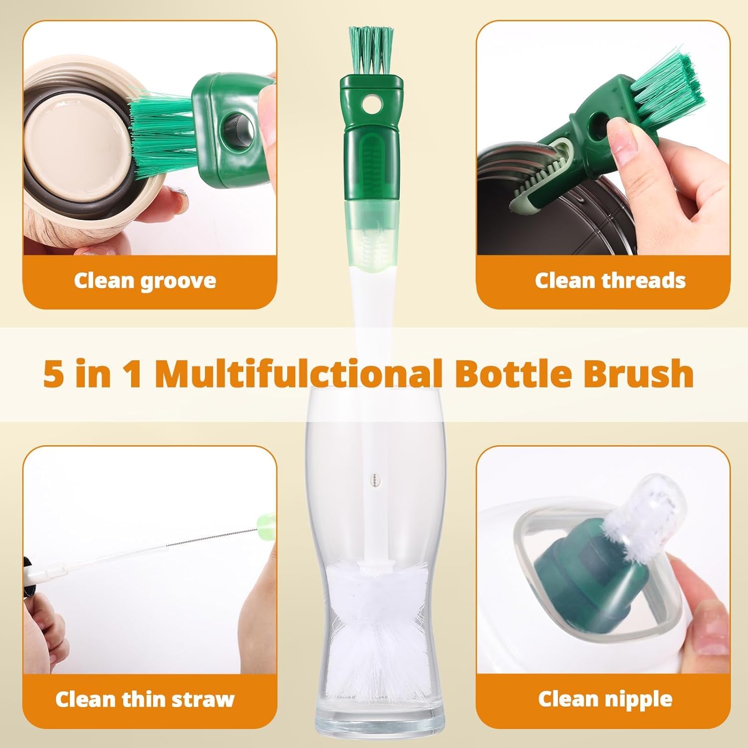 Multifunctional 5 in 1 Water Bottle Cleaning Brush Set - Premium Brush for Bottl
