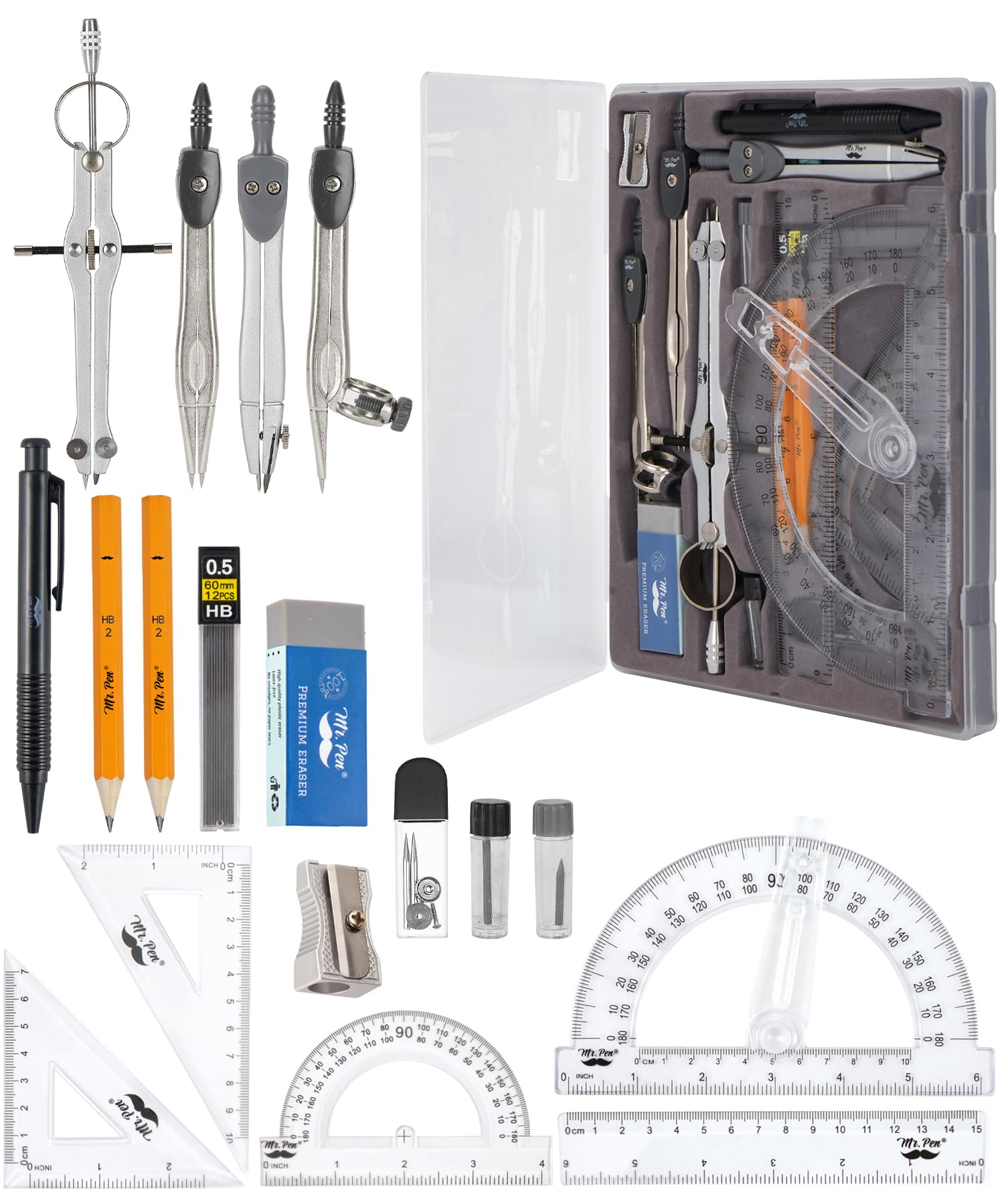 Mr. Pen- Geometry Set, 15 Piece Set with 6 Inch Swing Arm Protractor | IncludesM